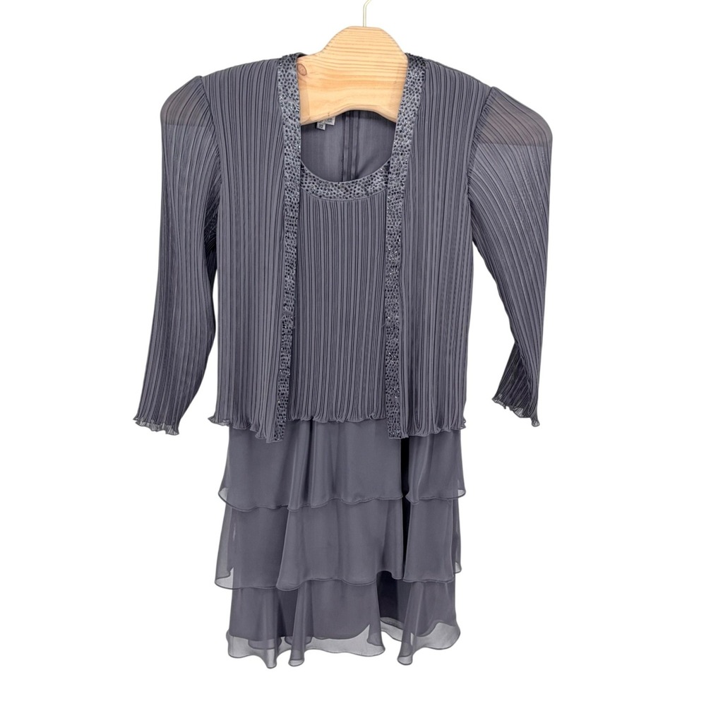Patra Dress 10 Gray Mock Jacket Beaded Tiered Ruffle Pleated Evening Wedding